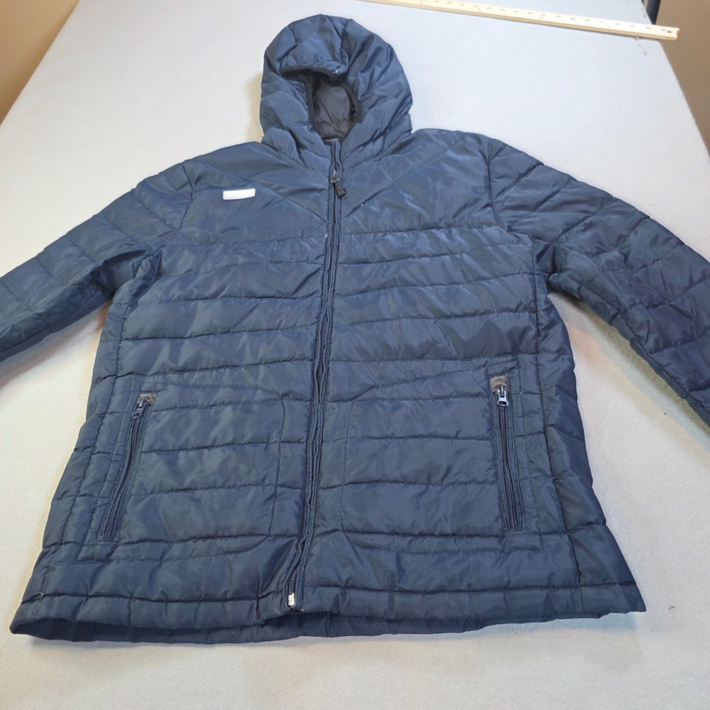 Nautica Mens Down Packable Puffer Jacket Hooded Navy Houndstooth Size M